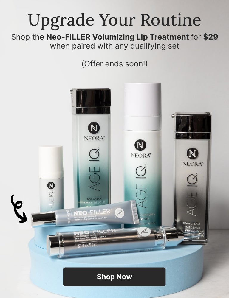 50% OFF Neo-FILLER Volumizing Lip Treatment with any Neo-FILLER or Neo-FILLER Set purchase. Featured is a woman kissing a tube of Neo-FILLER Volumizing Lip Treatment.
